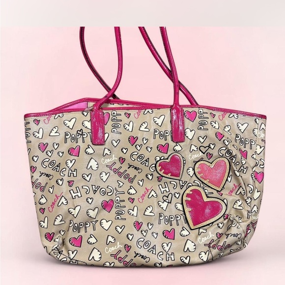 Coach Poppy Graffiti Hearts Tote Bag – Pink Trim, Authentic, Rare Print - Picture 1 of 7